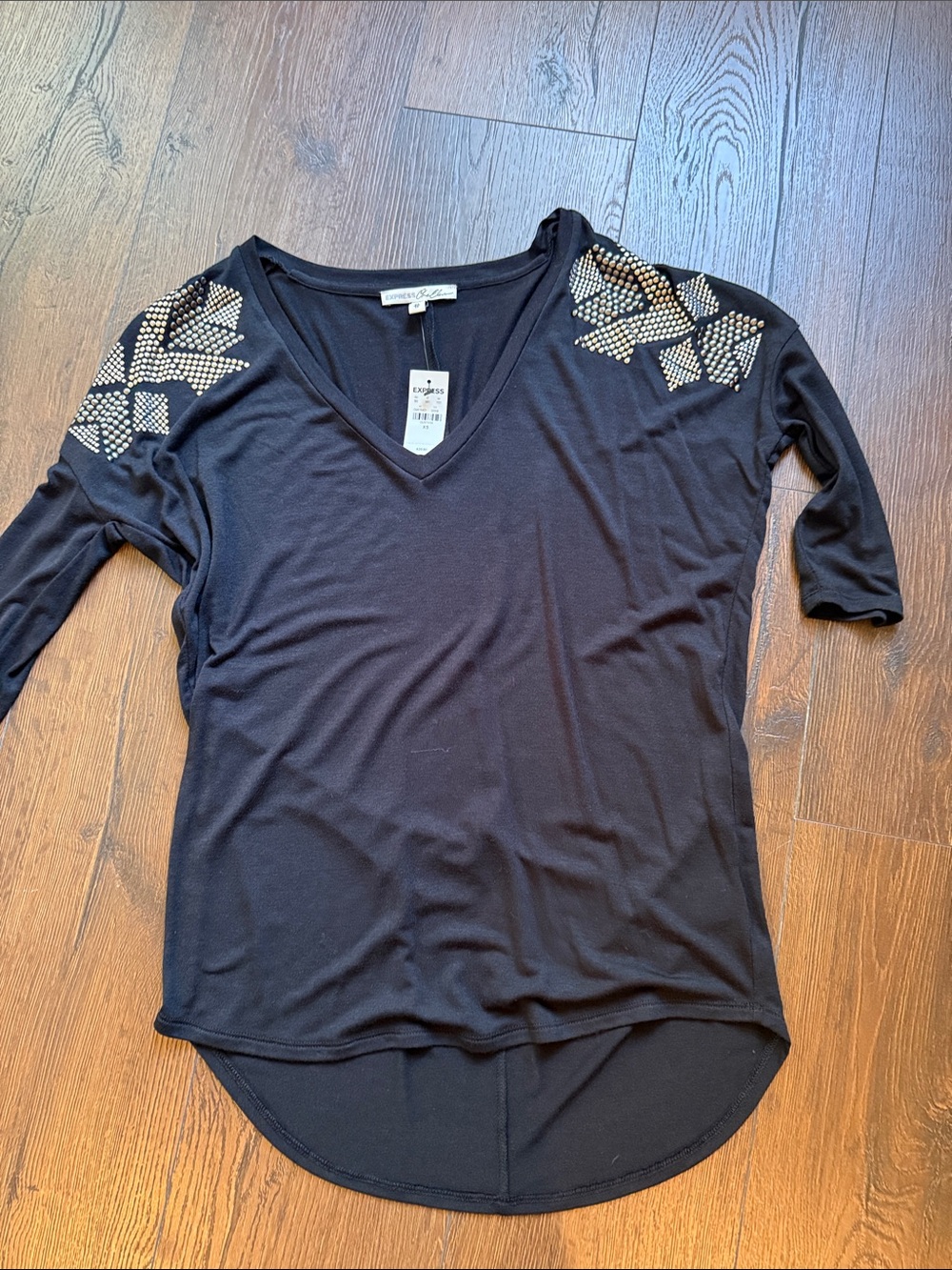 NWT Expresa Black V-Neck Top with Metallic Stud Shoulder Accents